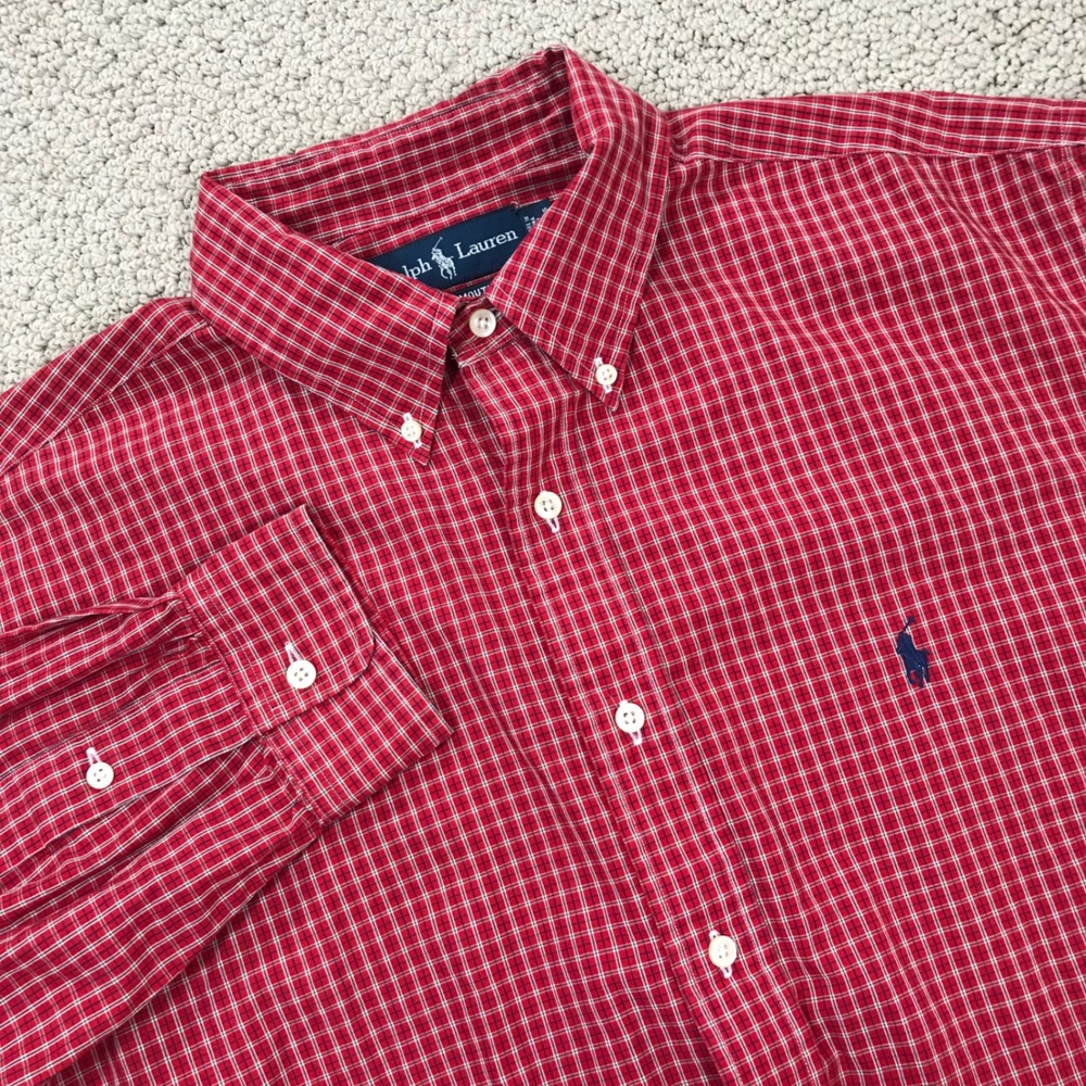Ralph Lauren Yarmouth Mens 17 34/35 Red White Check Button Down Shirt Pony Logo